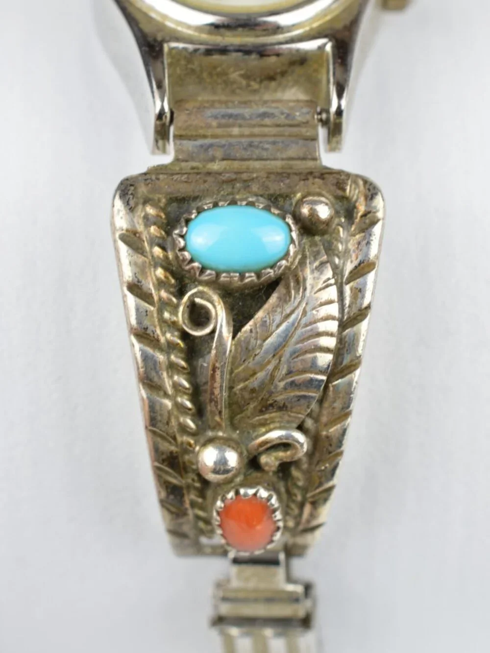 Navajo Sterling Silver Turquoise Coral Watch Tips Signed Ronnie Martinez Works